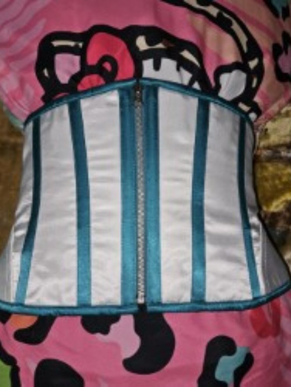 NWT XL/30" TEMPTRESS TIGHT LACING CORSET WHITE/TEAL STEEL BONED HANDMADE
